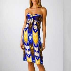 Tory Burch Leeona Strapless Ikat blue/yellow/ brown Silk Dress - Size 10